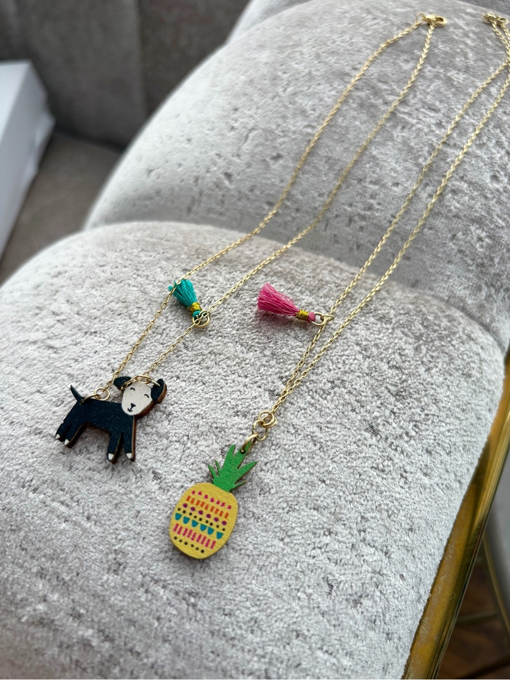 RARE: Set of NATURAL LIFE BohoWooden Tassel Pineapple & Dog Pendant Necklaces